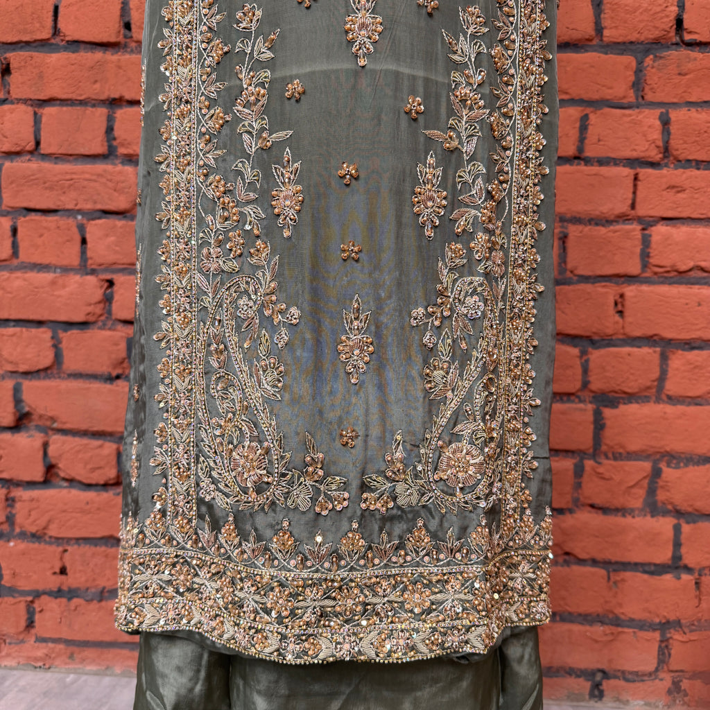 Party wear dresses for women PW036 shirt daman view – pista tassel silk with kora dabka embroidery bottom border Pakistan
