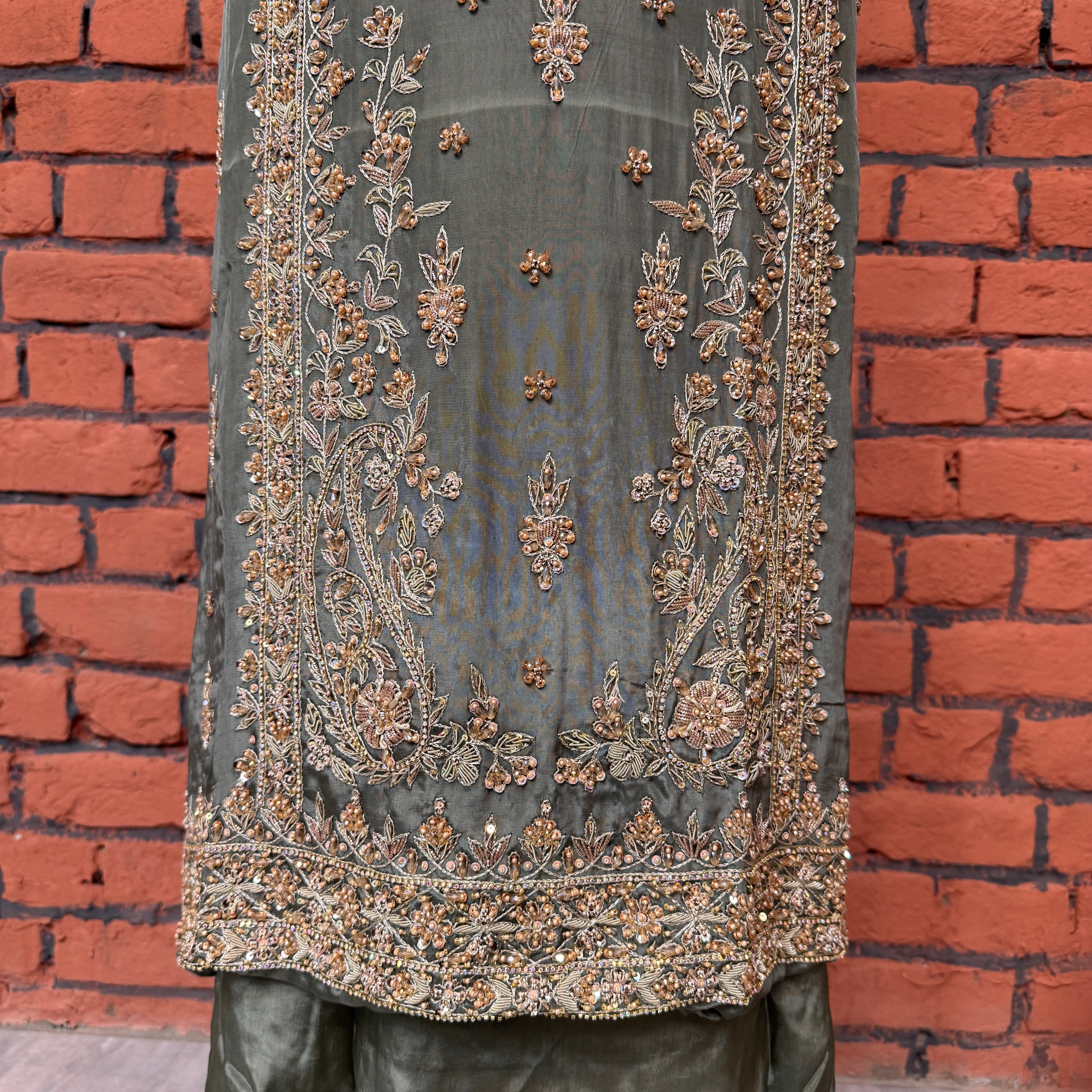 Party wear dresses for women PW036 shirt daman view – pista tassel silk with kora dabka embroidery bottom border Pakistan
