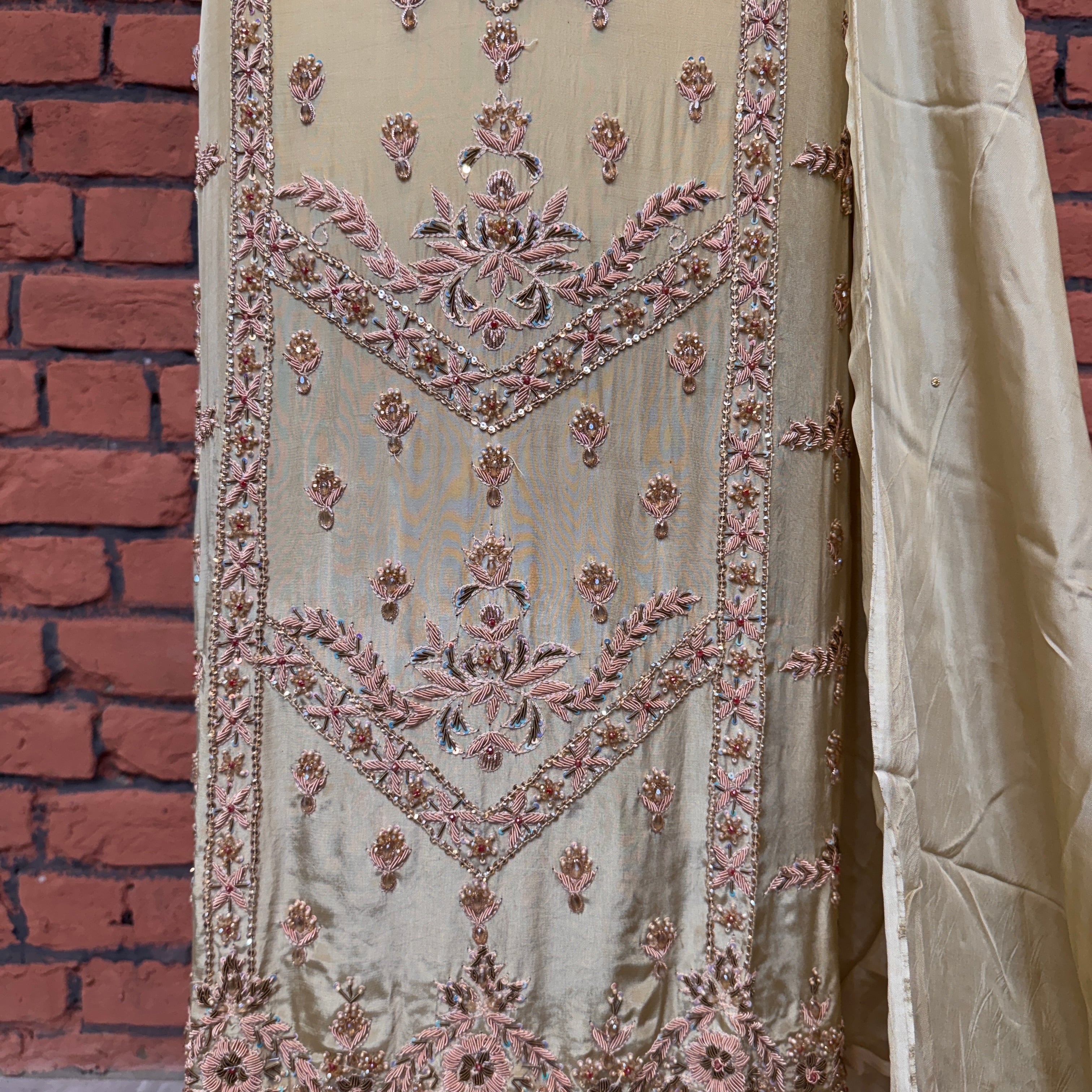 Party wear dresses for women PW034 shirt daman view – skin gold tassel silk with kora dabka embroidery bottom border Pakistan
