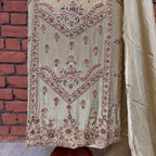 Party wear dresses for women PW034 shirt daman view – skin gold tassel silk with kora dabka embroidery bottom border Pakistan
