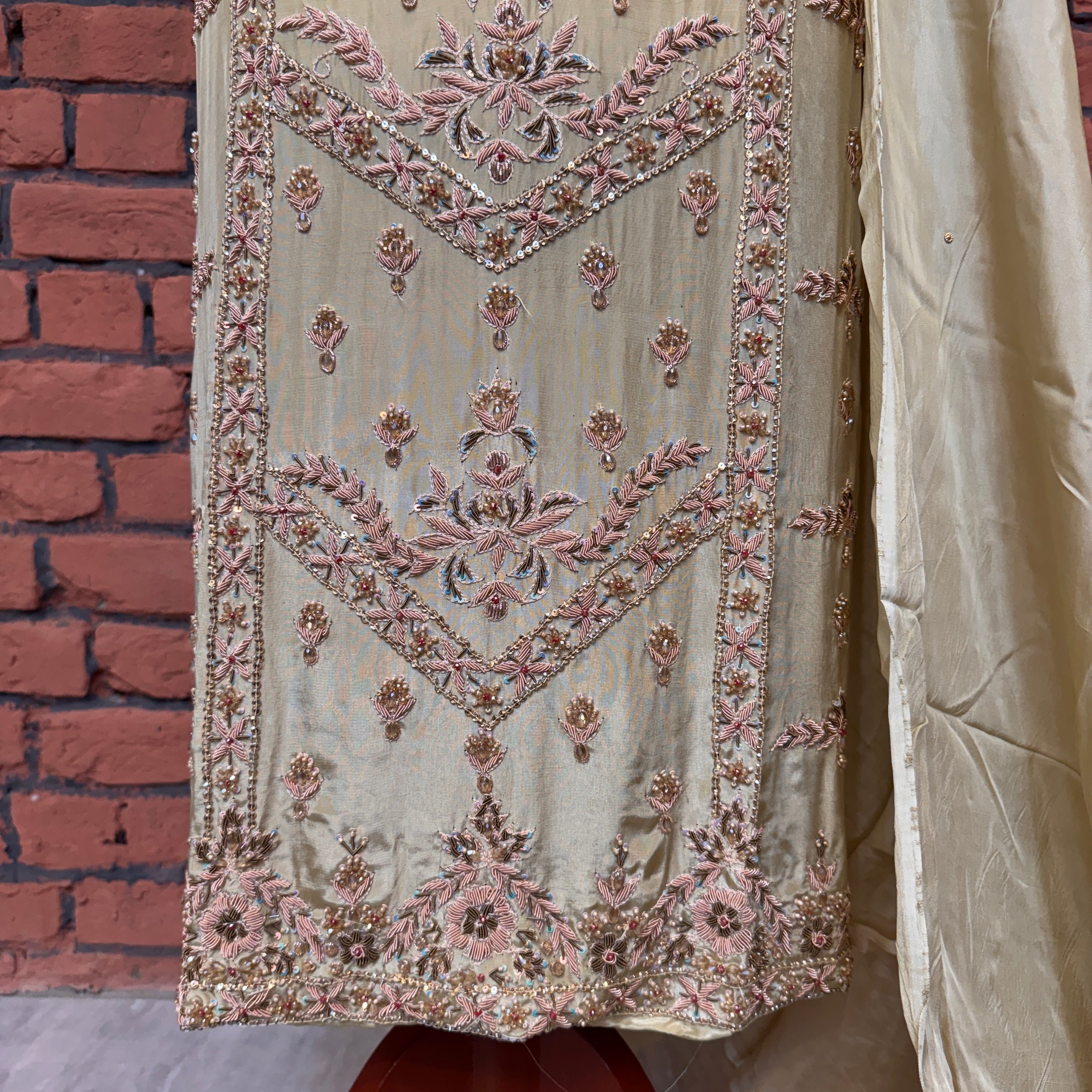 Party wear dresses for women PW034 shirt daman view – skin gold tassel silk with kora dabka embroidery bottom border Pakistan
