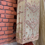 Party wear Pakistani brands PW034 dupatta – skin gold medium silk with pasted spray work Pakistani party wear dress
