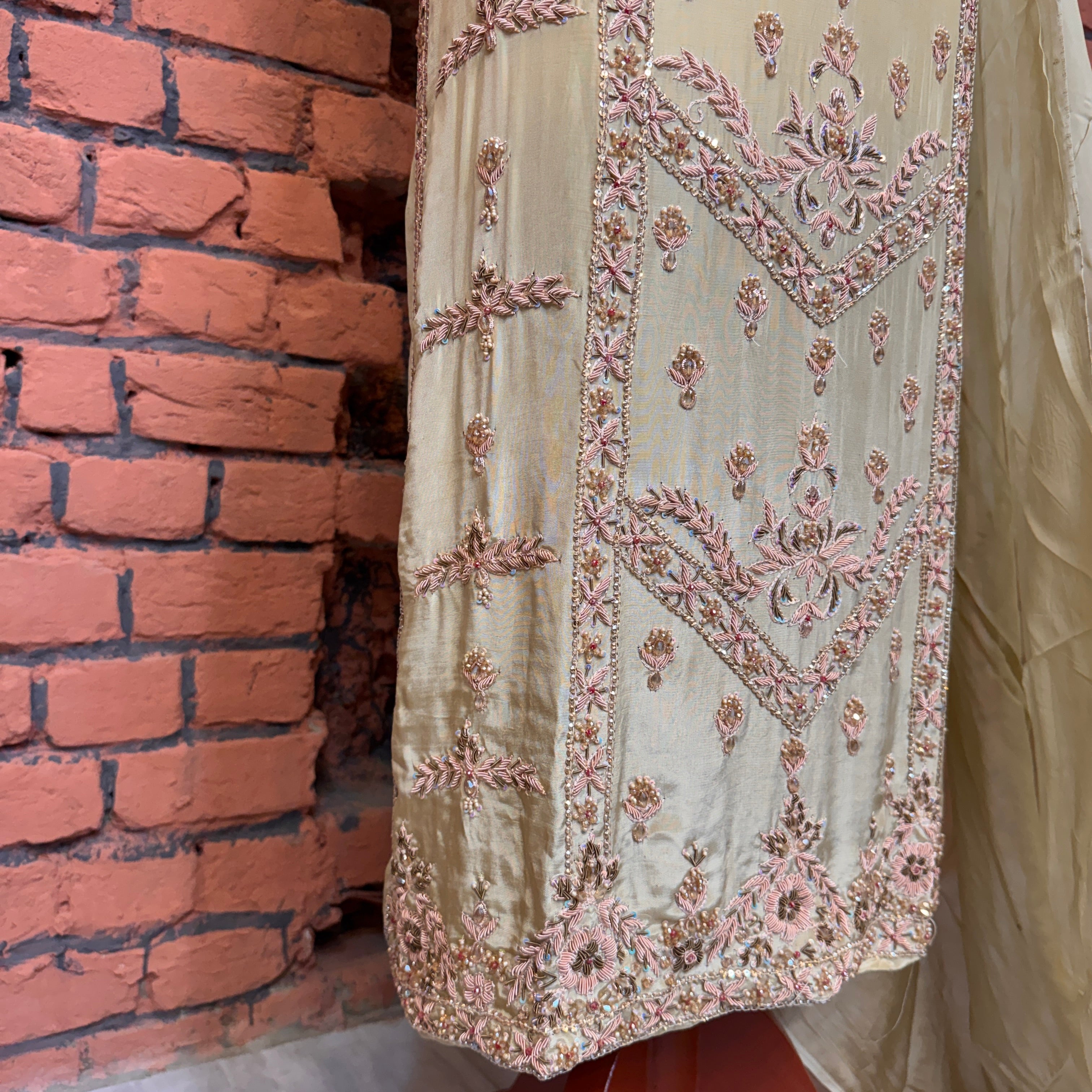 Party wear Pakistani brands PW034 dupatta – skin gold medium silk with pasted spray work Pakistani party wear dress
