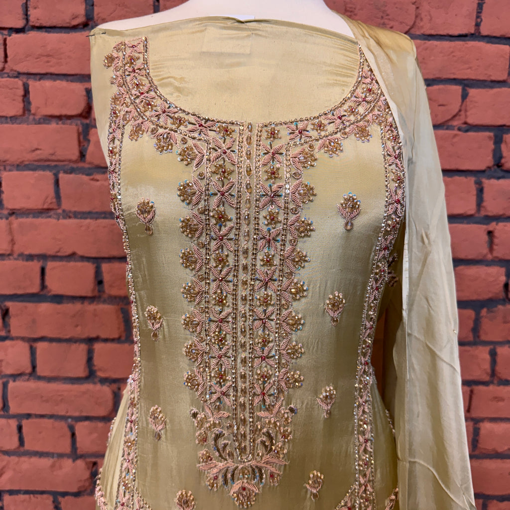 Party wear dresses in Pakistan PW034 shirt view – skin gold tassel silk with kora and dabka embroidery Pakistani party wear dress

