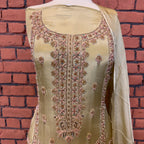 Party wear dresses in Pakistan PW034 shirt view – skin gold tassel silk with kora and dabka embroidery Pakistani party wear dress
