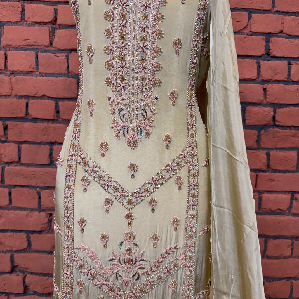 Party wear dresses for women PW034 shirt daman view – skin gold tassel silk with kora dabka embroidery bottom border Pakistan
