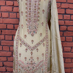 Party wear dresses for women PW034 shirt daman view – skin gold tassel silk with kora dabka embroidery bottom border Pakistan
