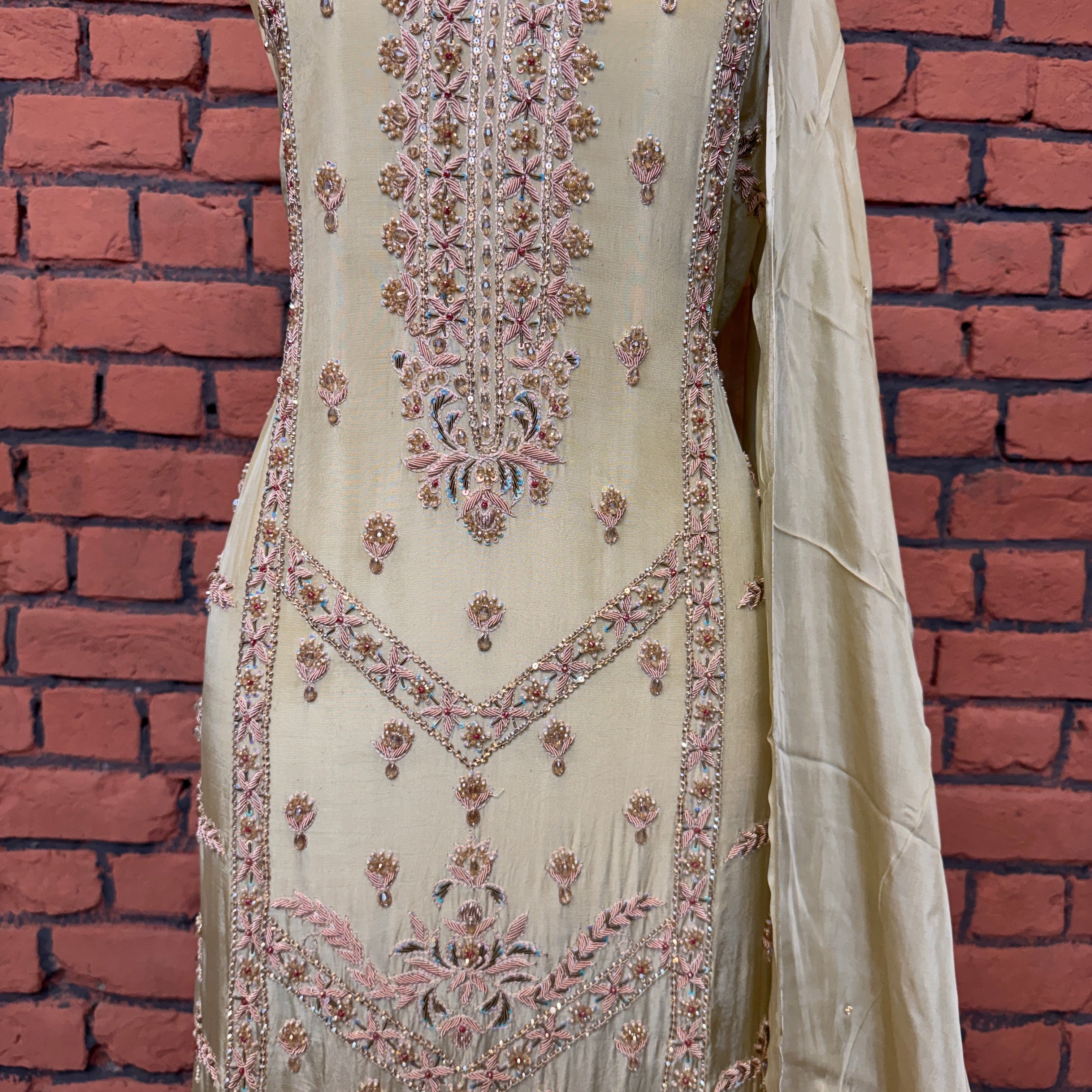 Party wear dresses for women PW034 shirt daman view – skin gold tassel silk with kora dabka embroidery bottom border Pakistan
