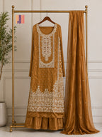 Party Wear Heavy Hand Work 4Pcs Unstitched Suit in Rust – PW011