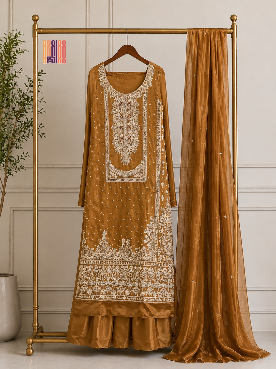 Party Wear Heavy Hand Work 4Pcs Unstitched Suit in Rust – PW011