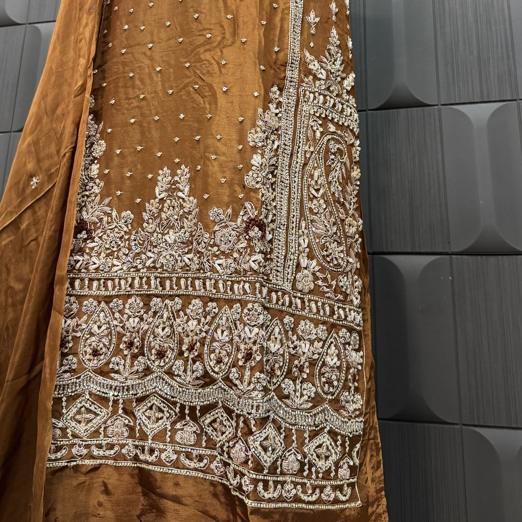 Party Wear Heavy Hand Work 4Pcs Unstitched Suit in Rust – PW011