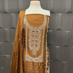 Party Wear Heavy Hand Work 4Pcs Unstitched Suit in Rust – PW011