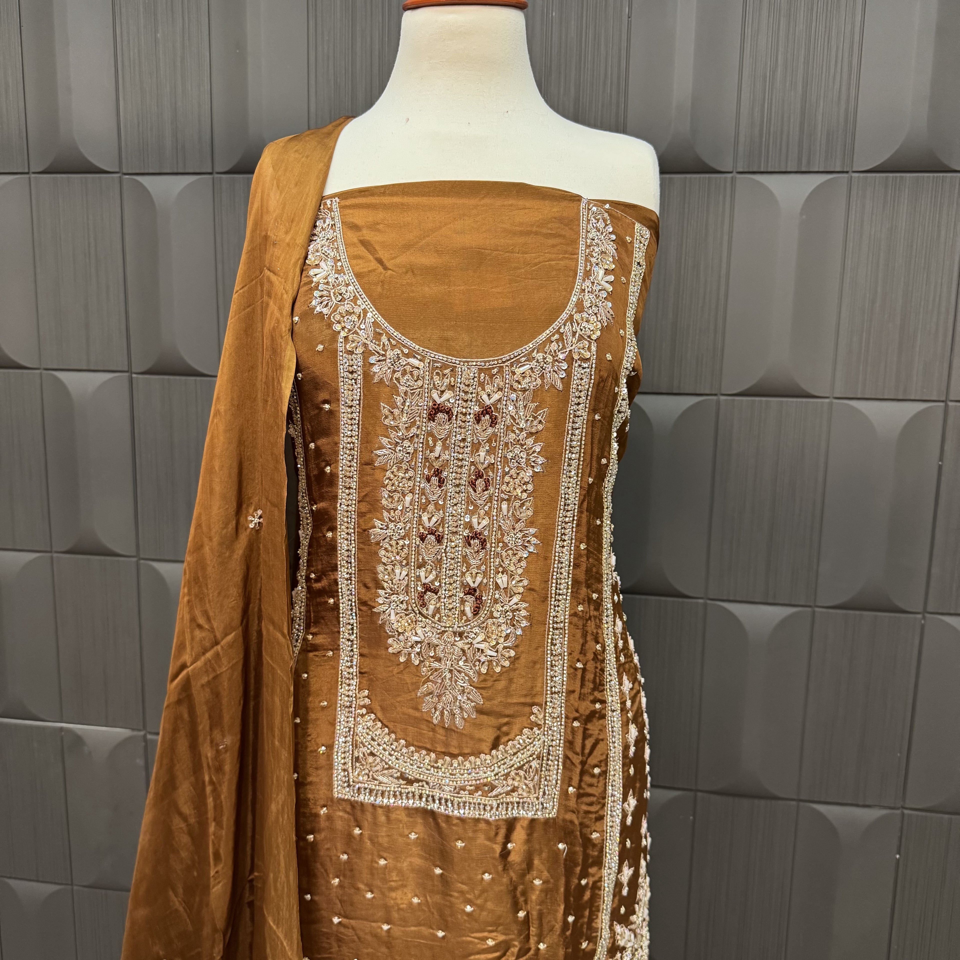 Party Wear Heavy Hand Work 4Pcs Unstitched Suit in Rust – PW011