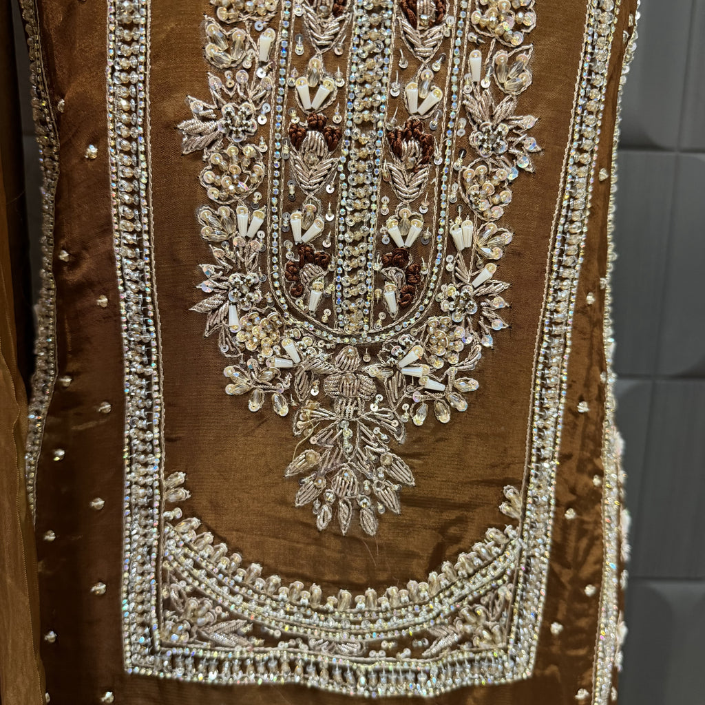 Party Wear Heavy Hand Work 4Pcs Unstitched Suit in Rust – PW011