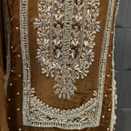 Party Wear Heavy Hand Work 4Pcs Unstitched Suit in Rust – PW011