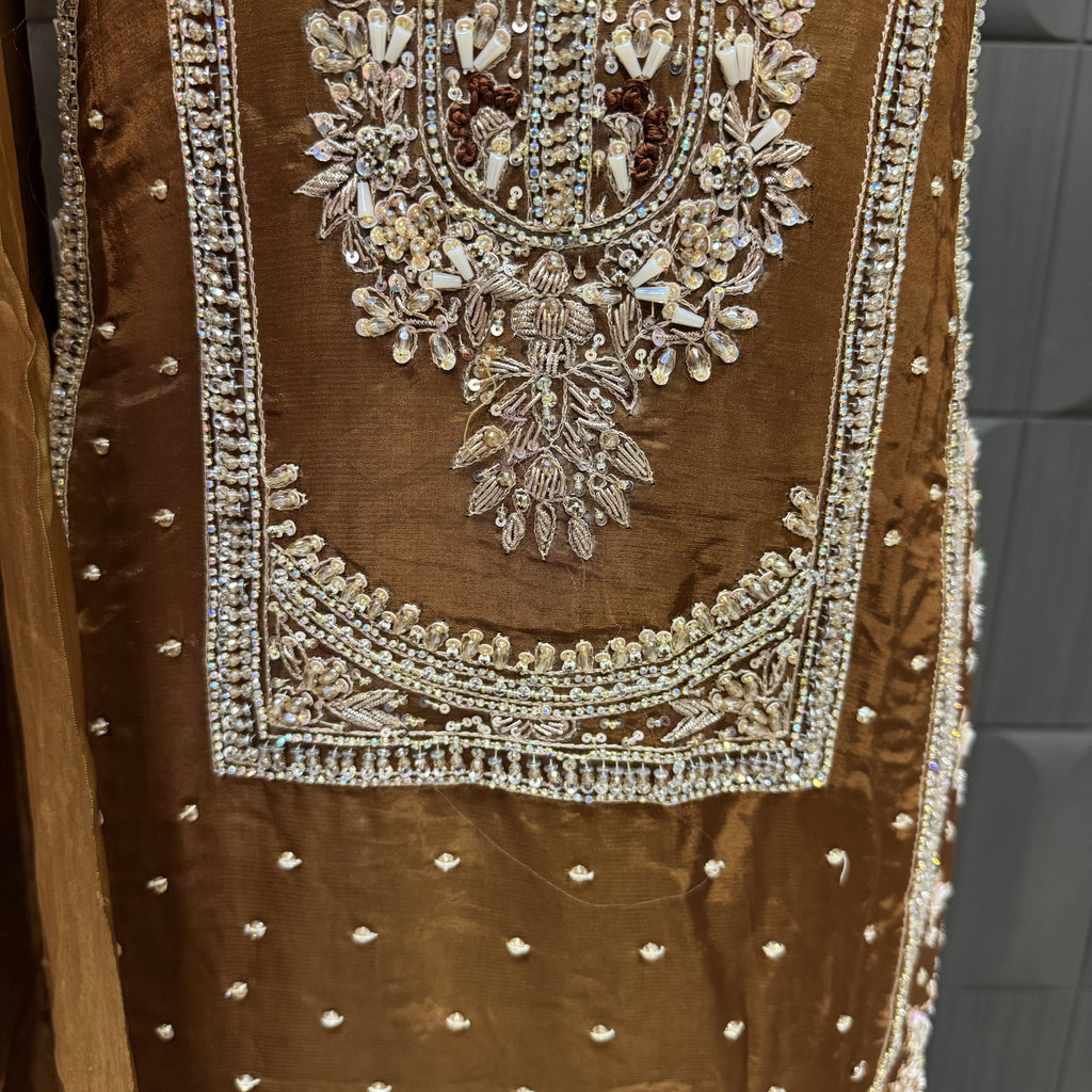 Party Wear Heavy Hand Work 4Pcs Unstitched Suit in Rust – PW011