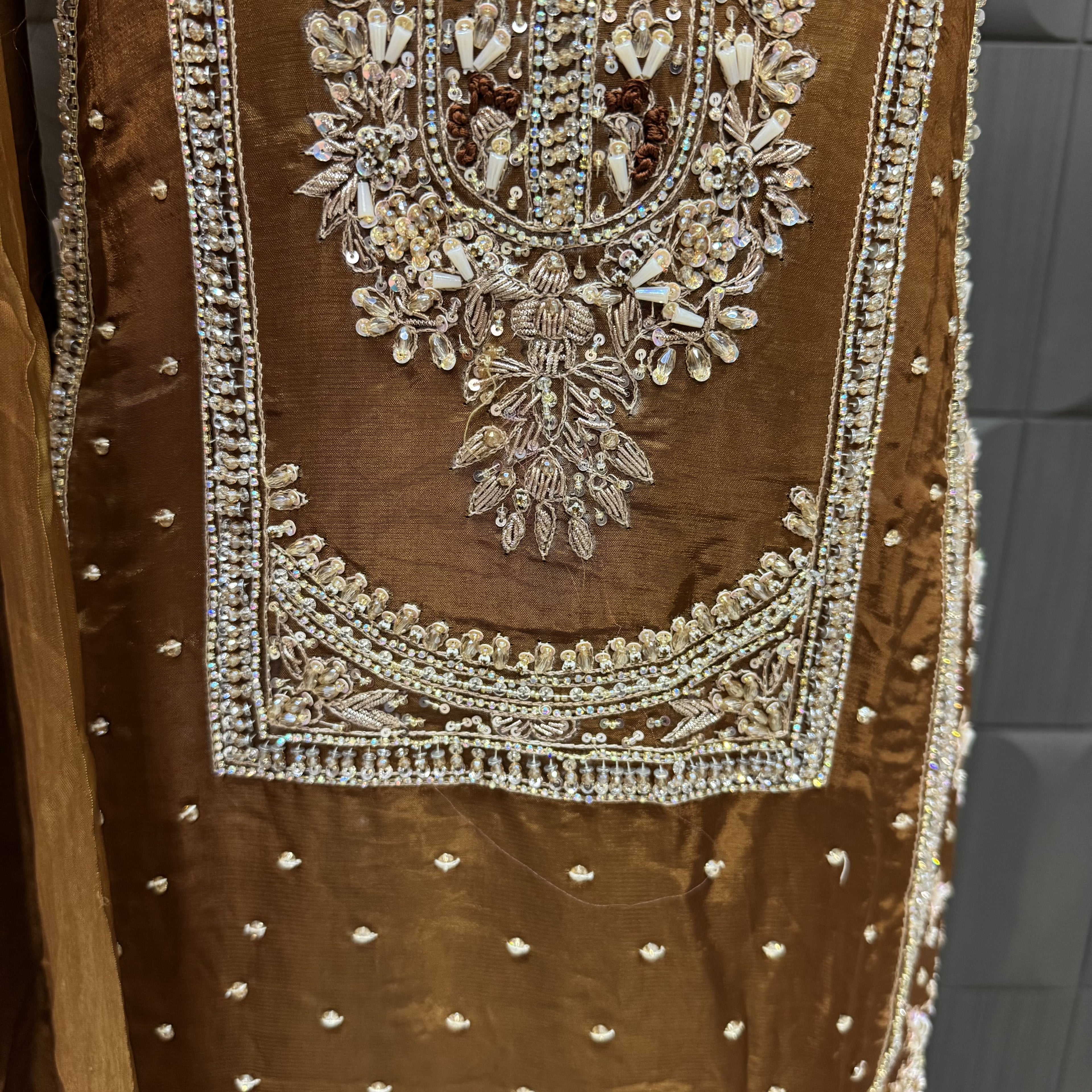Party Wear Heavy Hand Work 4Pcs Unstitched Suit in Rust – PW011