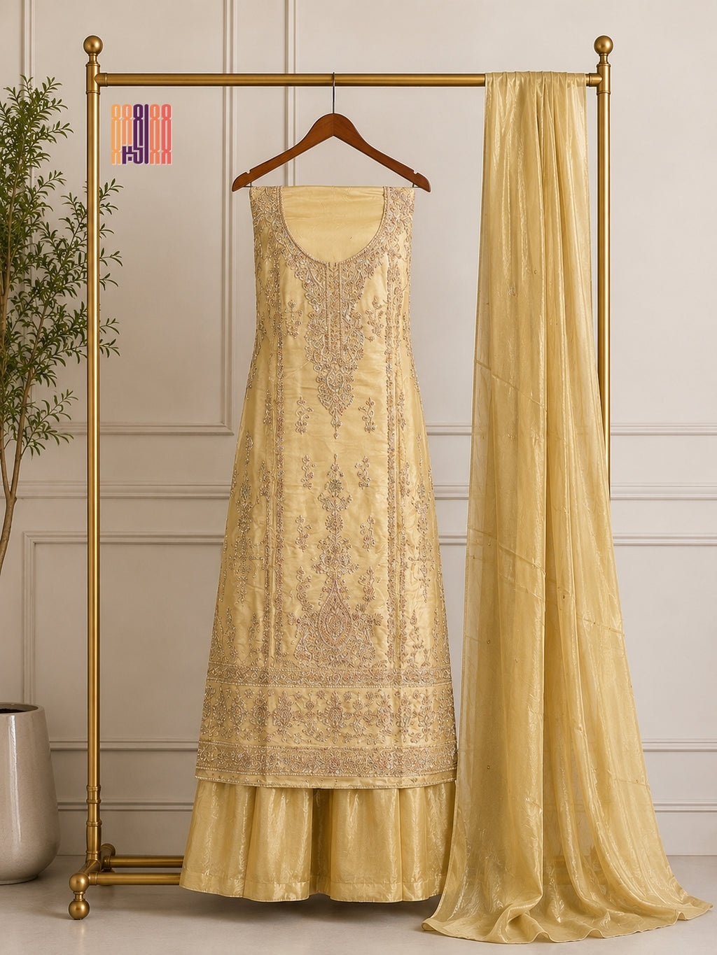 Party Wear Heavy Hand Work 4Pcs Unstitched Suit in Skin Gold – PW013