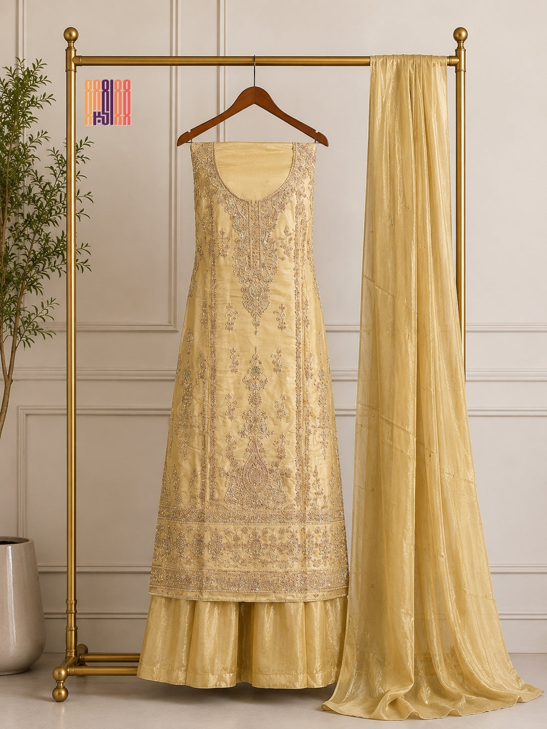 Party Wear Heavy Hand Work 4Pcs Unstitched Suit in Skin Gold – PW013
