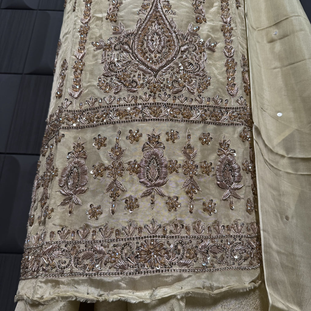Party Wear Heavy Hand Work 4Pcs Unstitched Suit in Skin Gold – PW013
