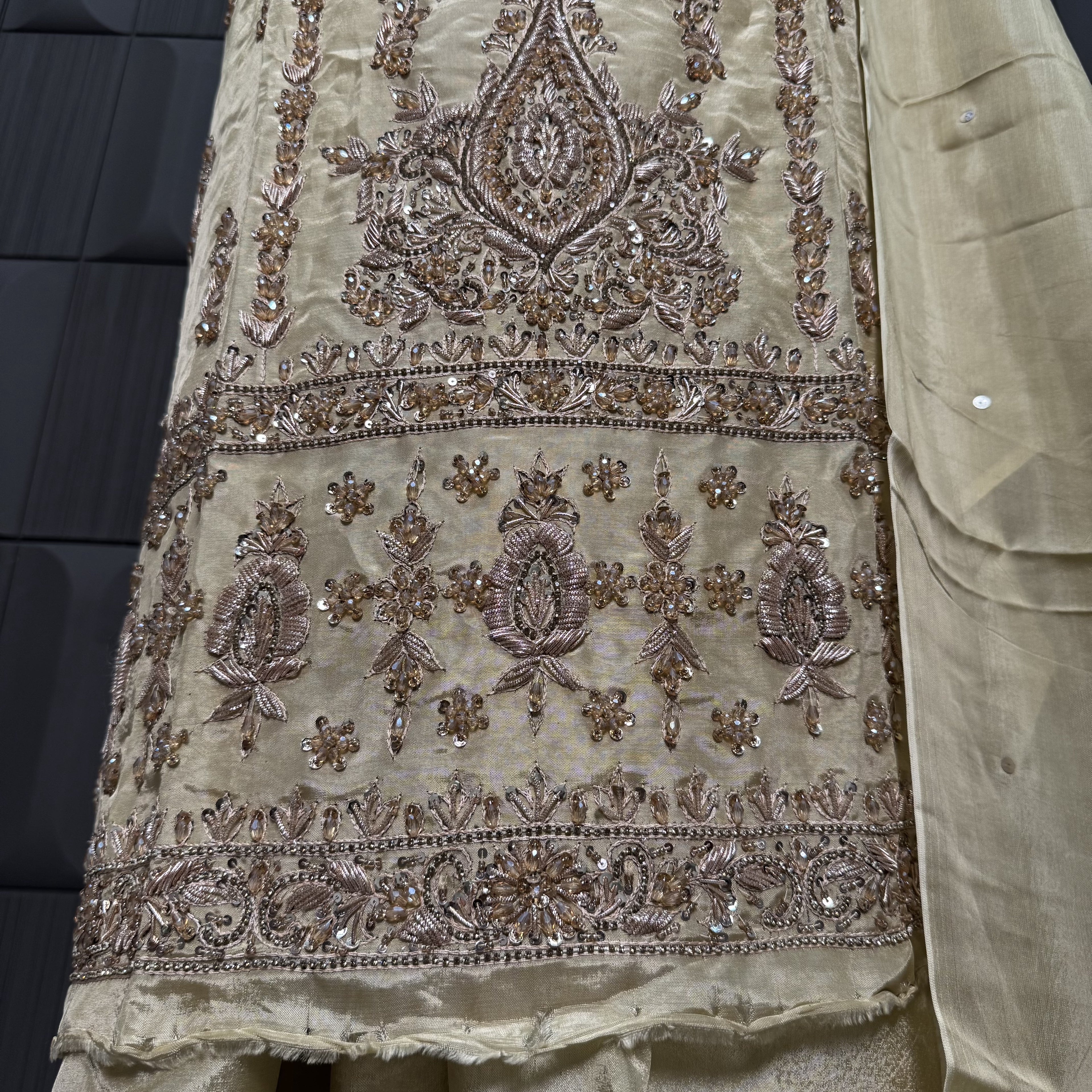 Party Wear Heavy Hand Work 4Pcs Unstitched Suit in Skin Gold – PW013
