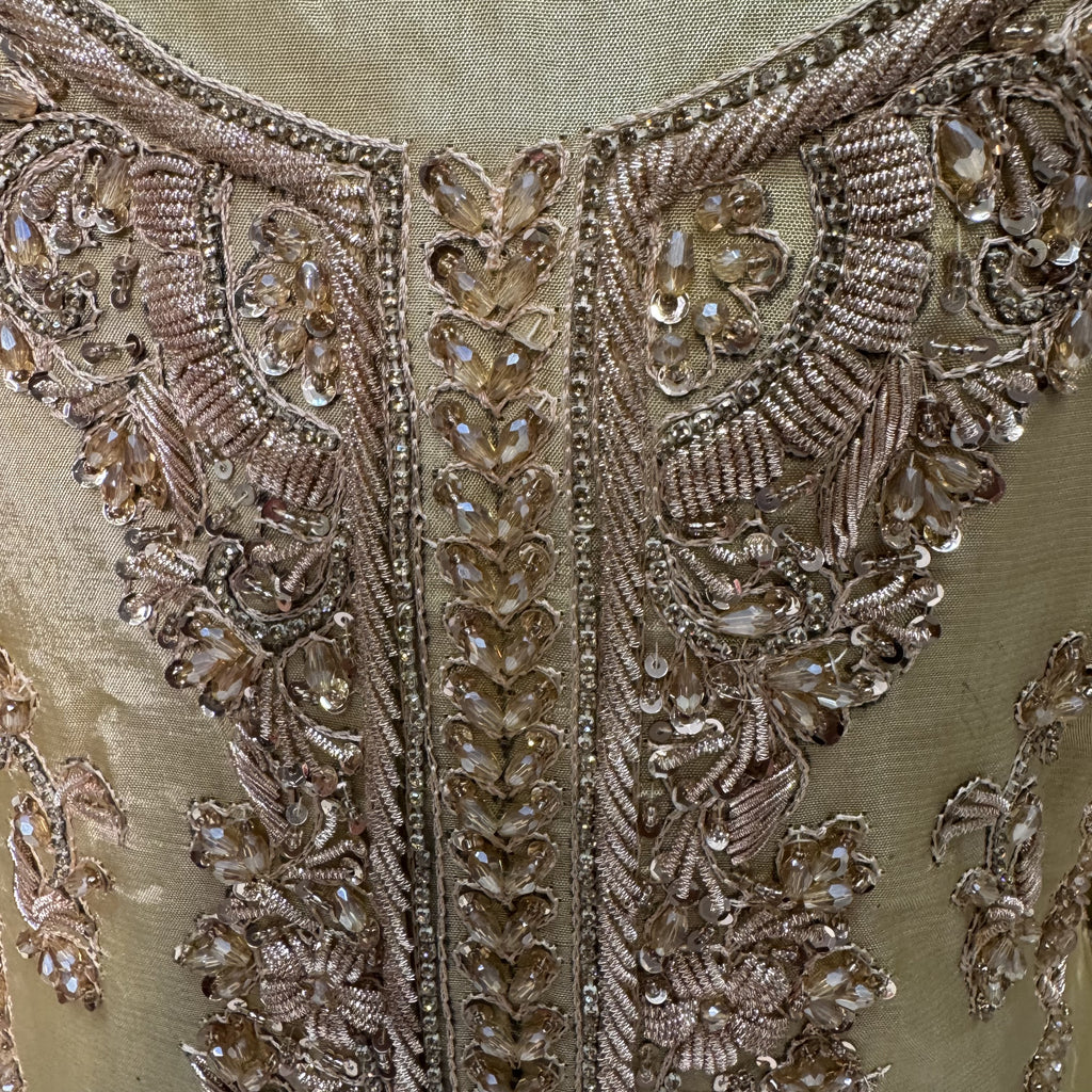 Party Wear Heavy Hand Work 4Pcs Unstitched Suit in Skin Gold – PW013