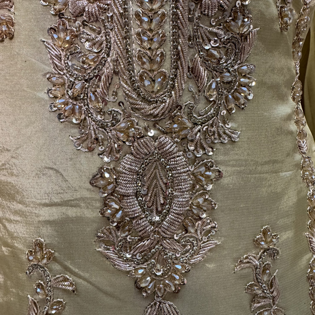 Party Wear Heavy Hand Work 4Pcs Unstitched Suit in Skin Gold – PW013