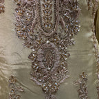 Party Wear Heavy Hand Work 4Pcs Unstitched Suit in Skin Gold – PW013
