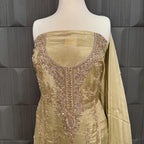 Party Wear Heavy Hand Work 4Pcs Unstitched Suit in Skin Gold – PW013
