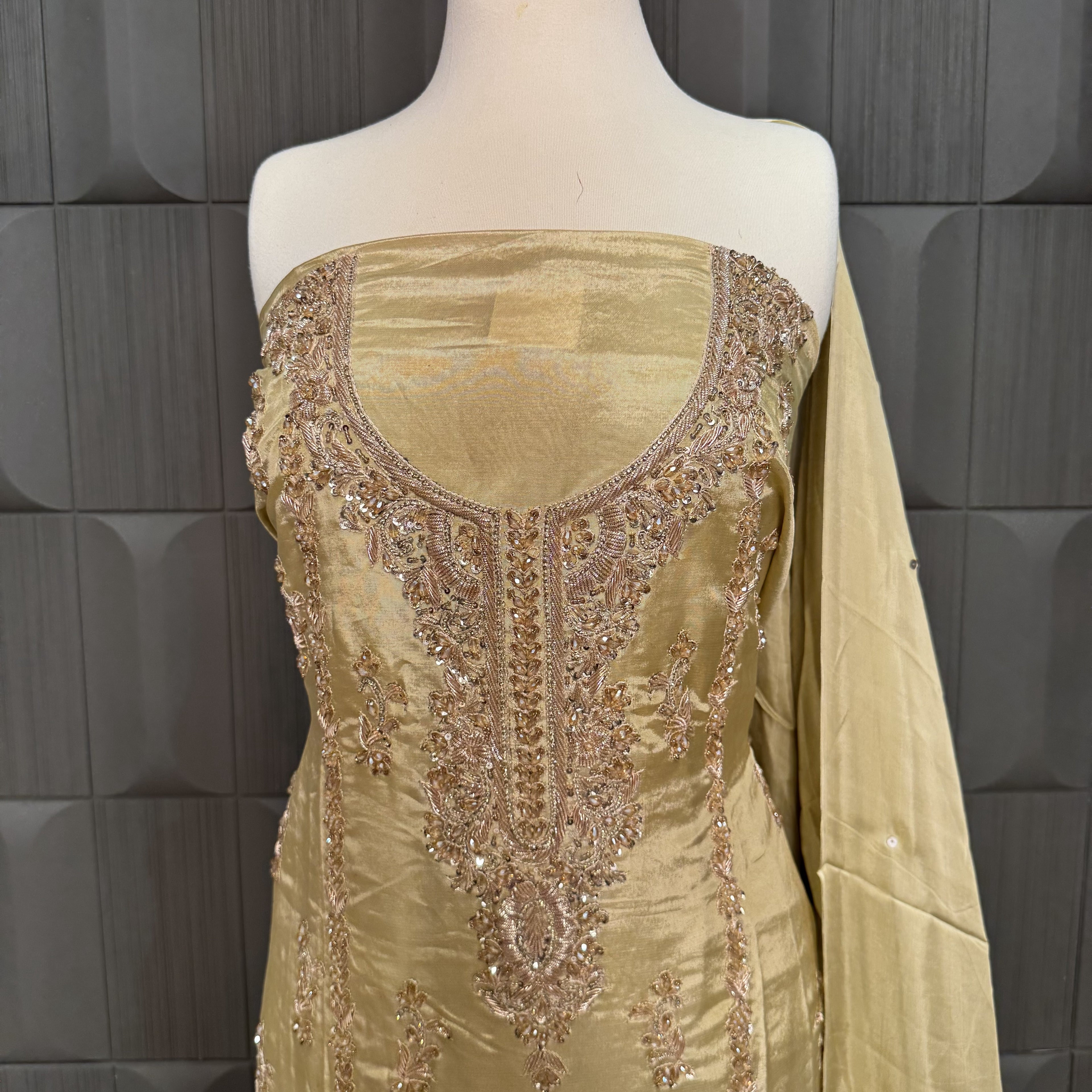 Party Wear Heavy Hand Work 4Pcs Unstitched Suit in Skin Gold – PW013