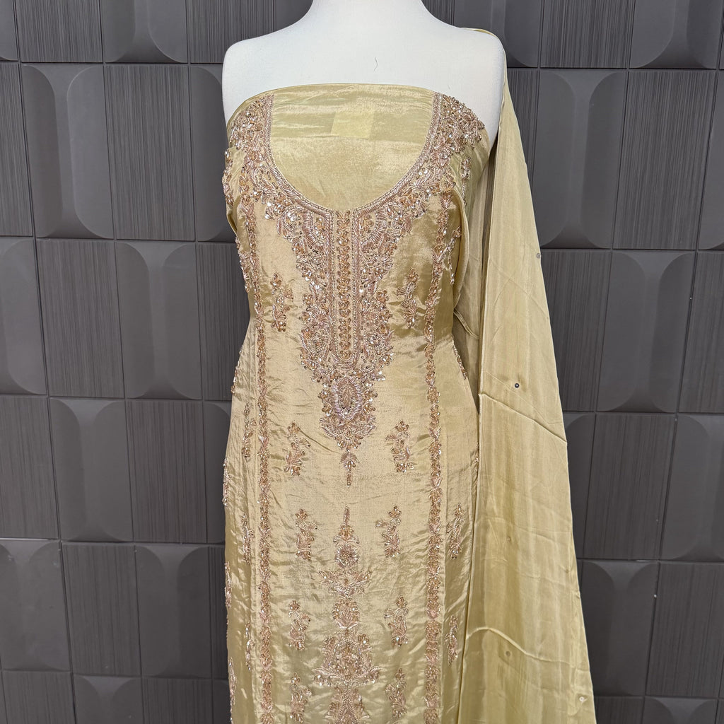 Party Wear Heavy Hand Work 4Pcs Unstitched Suit in Skin Gold – PW013