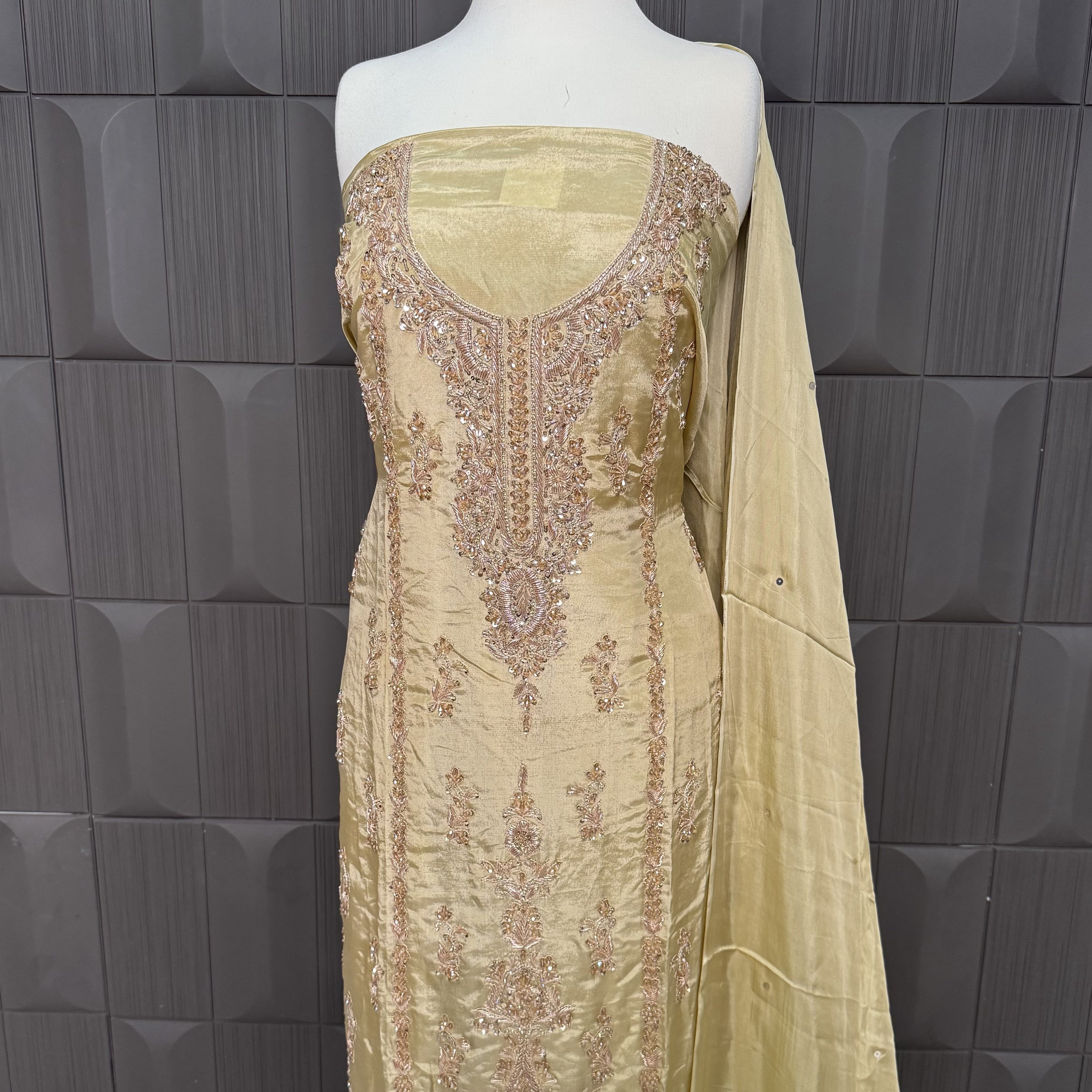 Party Wear Heavy Hand Work 4Pcs Unstitched Suit in Skin Gold – PW013