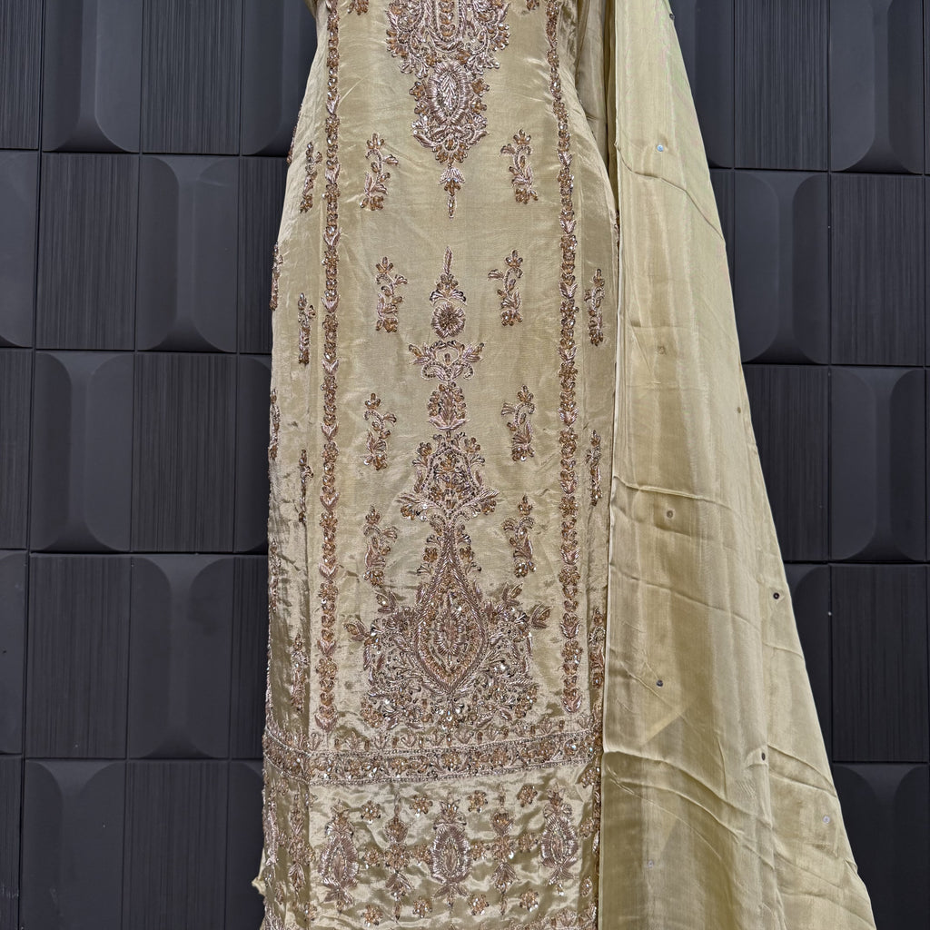Party Wear Heavy Hand Work 4Pcs Unstitched Suit in Skin Gold – PW013