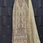 Party Wear Heavy Hand Work 4Pcs Unstitched Suit in Skin Gold – PW013