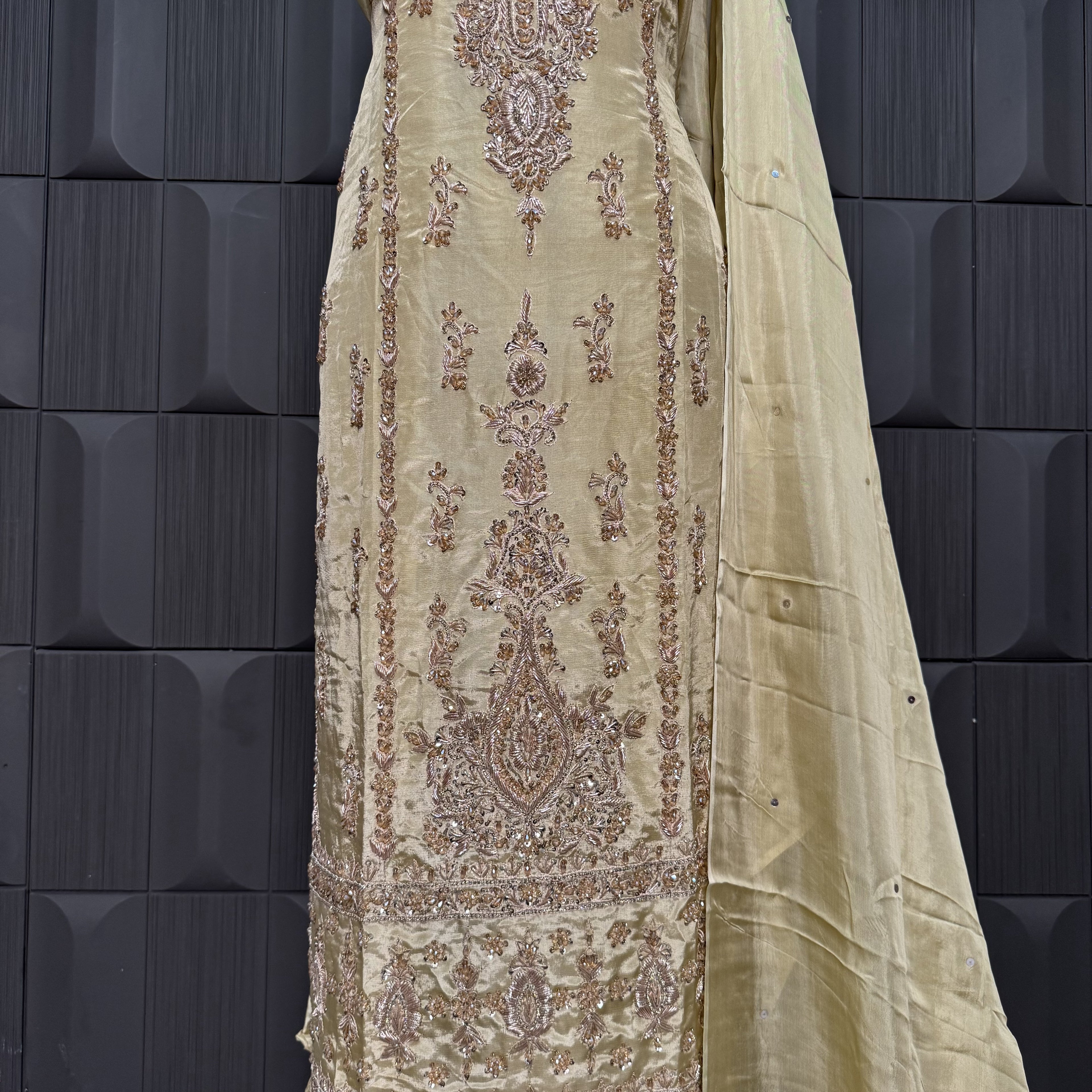 Party Wear Heavy Hand Work 4Pcs Unstitched Suit in Skin Gold – PW013