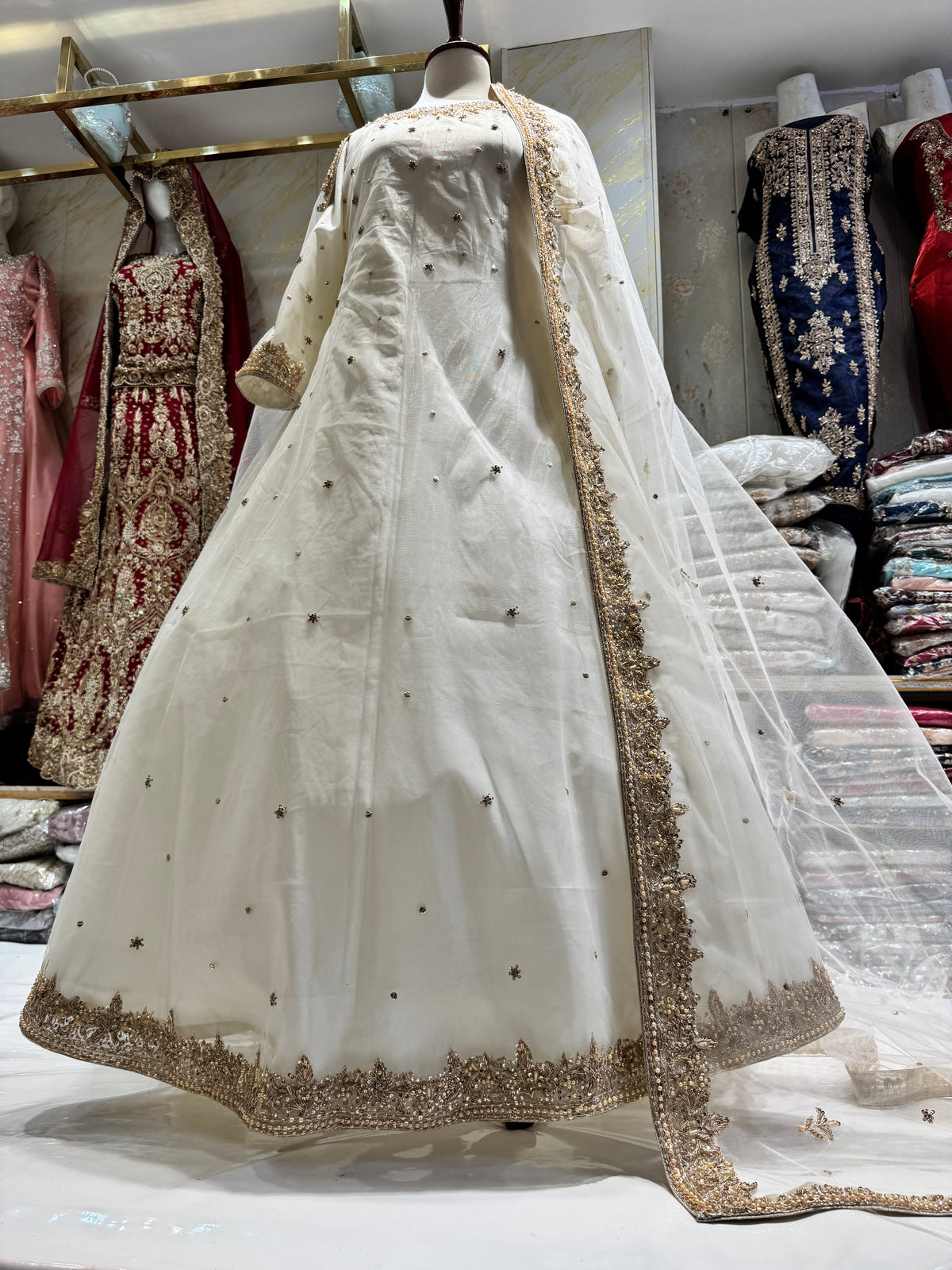 Party wear nikah suit off-white 4pcs stitched maxi dress with golden handwork – PW042

