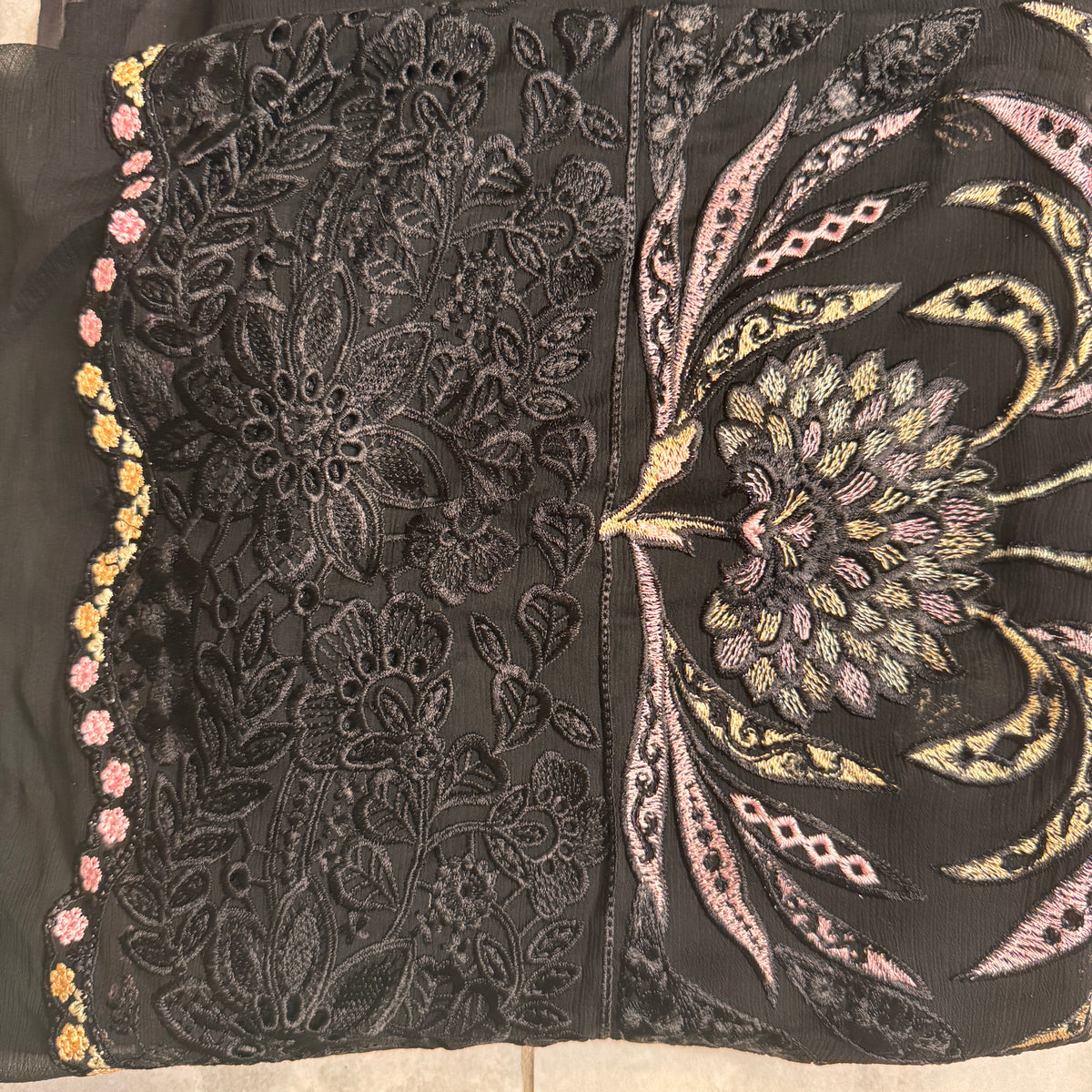 Thread work designs PWT001 black – crinkle chiffon with embroidery thread work Pakistani thread work suit design
