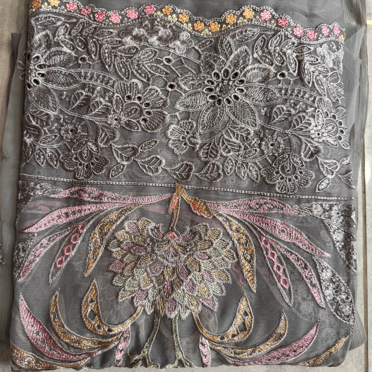 Thread work embroidery designs PWT001 grey – crinkle chiffon with embroidery thread work Pakistani thread work dress
