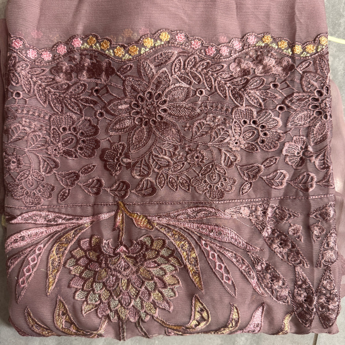 Thread work dresses PWT001 tea pink – crinkle chiffon with embroidery thread work Pakistani thread work dress for women
