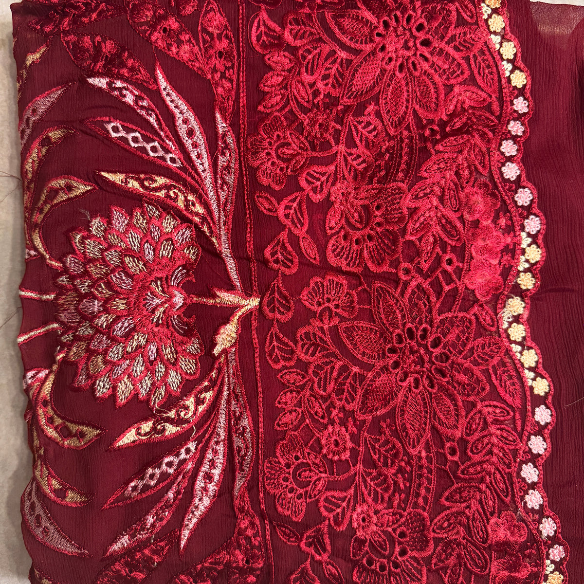 Thread work embroidery suit PWT001 maroon – crinkle chiffon with embroidery thread work and grip fabric inner Pakistan
