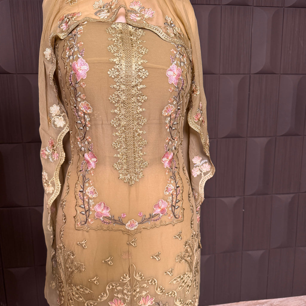 Thread work designs PWT001 shirt close up – embroidery thread work detail on crinkle chiffon fabric
