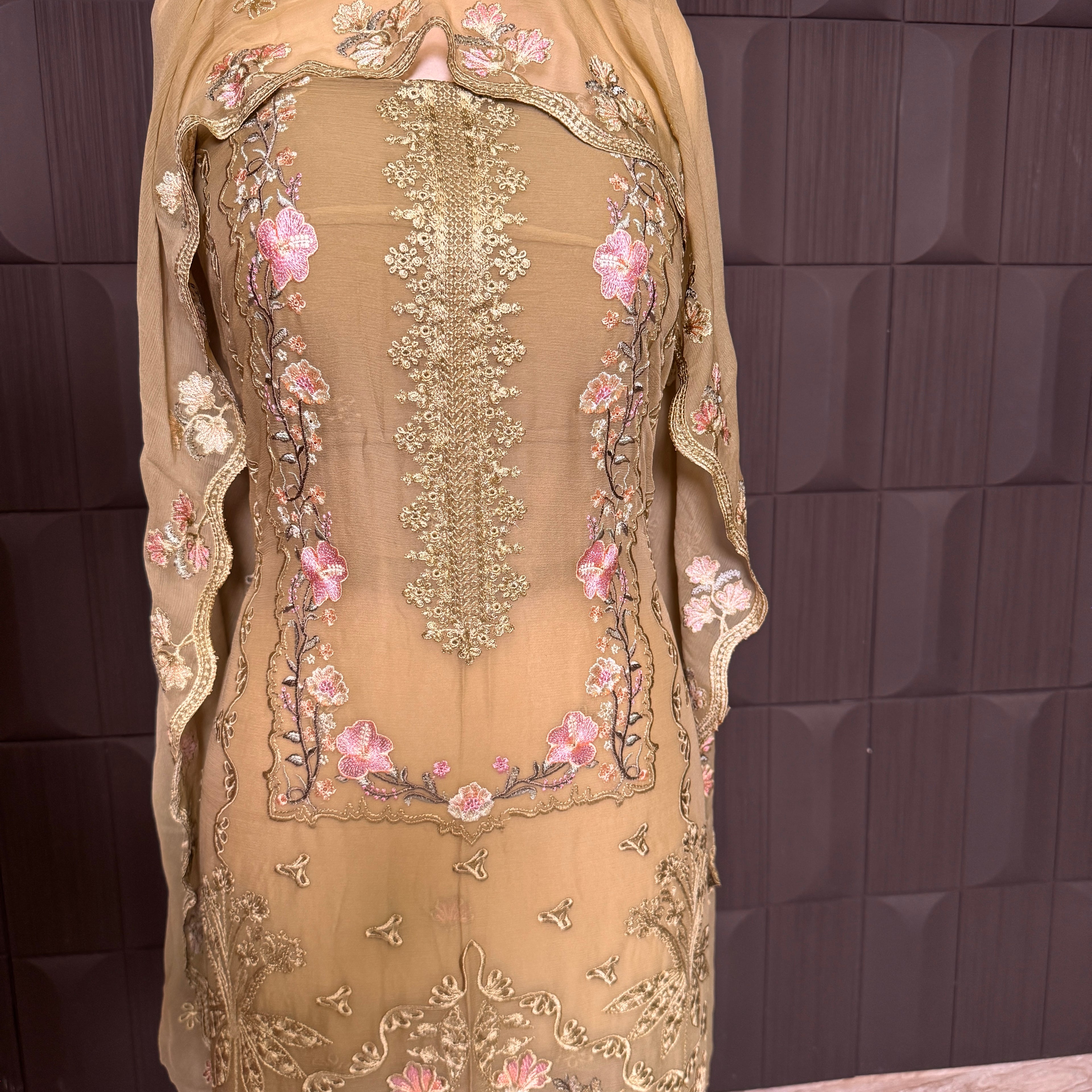 Thread work designs PWT001 shirt close up – embroidery thread work detail on crinkle chiffon fabric

