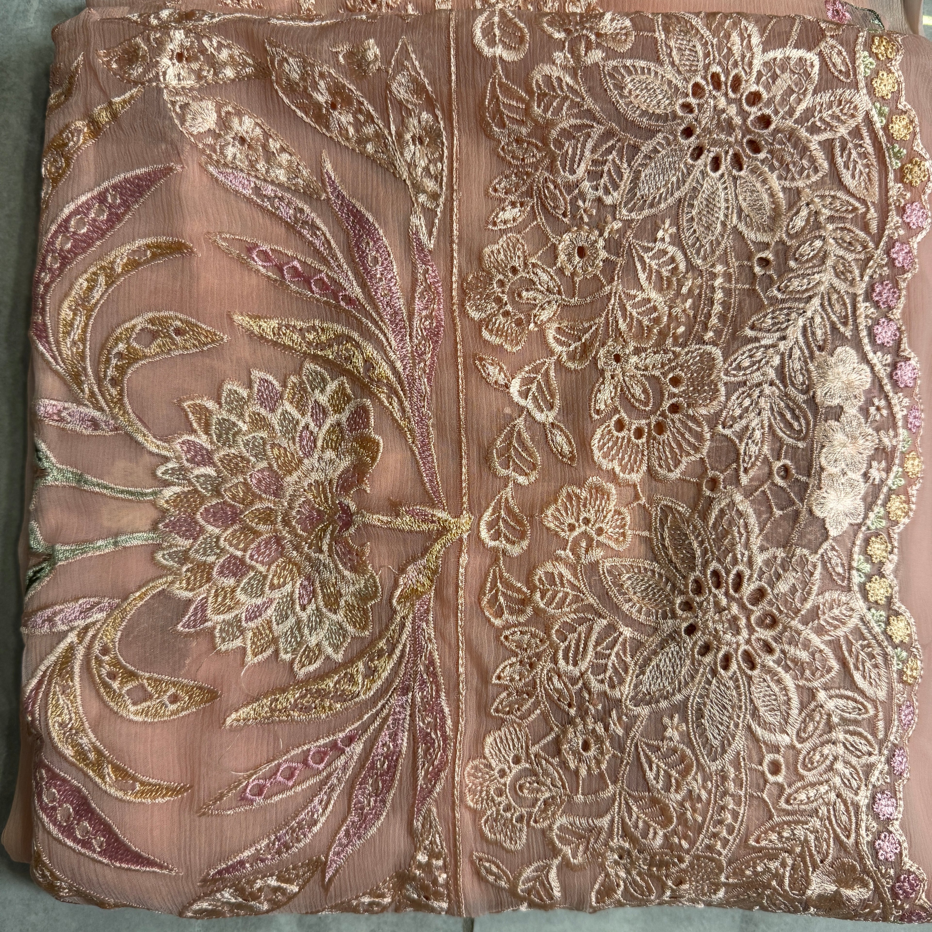 Thread work dresses PWT001 tea pink – crinkle chiffon with embroidery thread work Pakistani thread work dress for women
