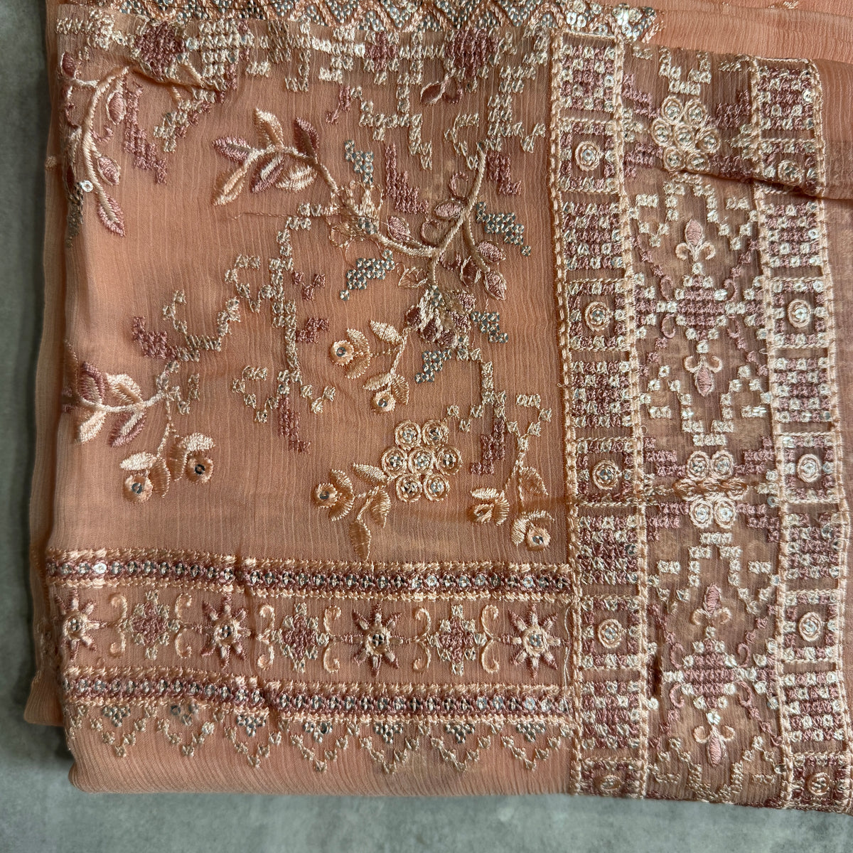 Thread work embroidery designs PWT002 golden – crinkle chiffon with embroidery thread work Pakistani thread work dress
