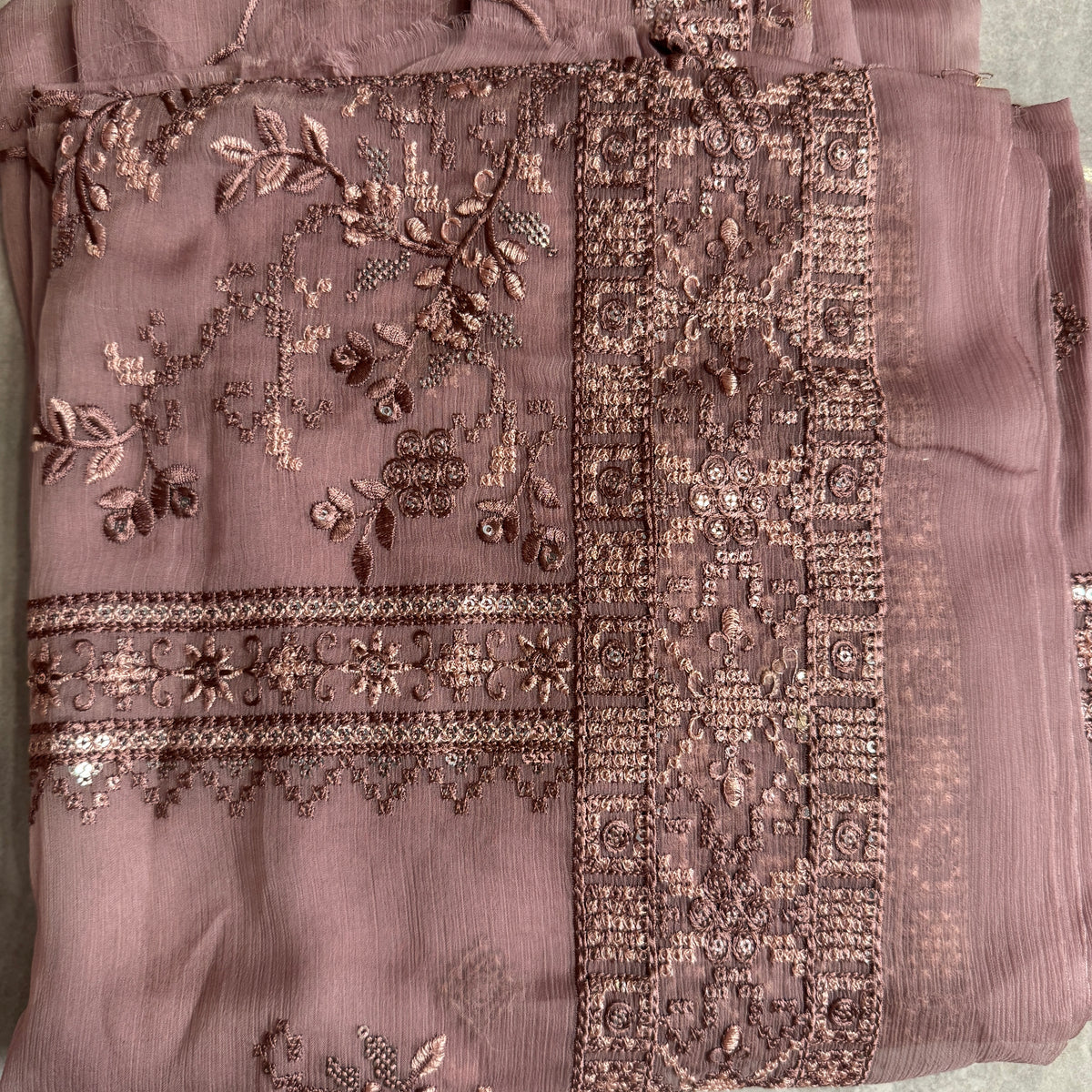 Thread work designs PWT002 tea pink – crinkle chiffon with embroidery thread work Pakistani thread work suit design
