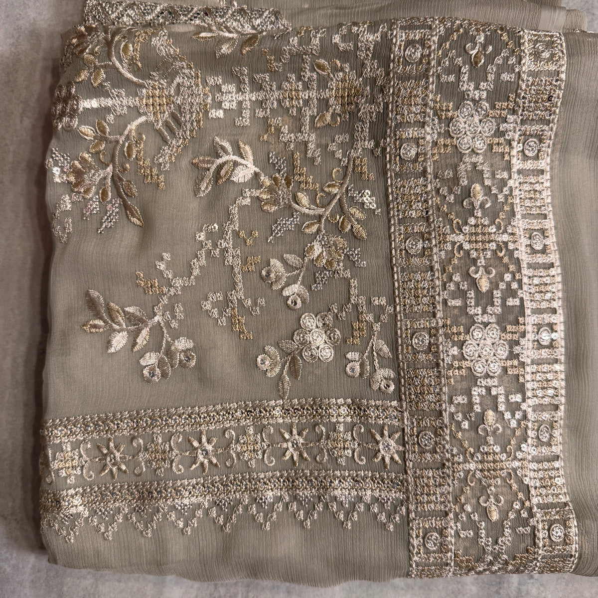 Thread work dress for women PWT002 grey – crinkle chiffon with embroidery thread work and grip fabric inner Pakistan
