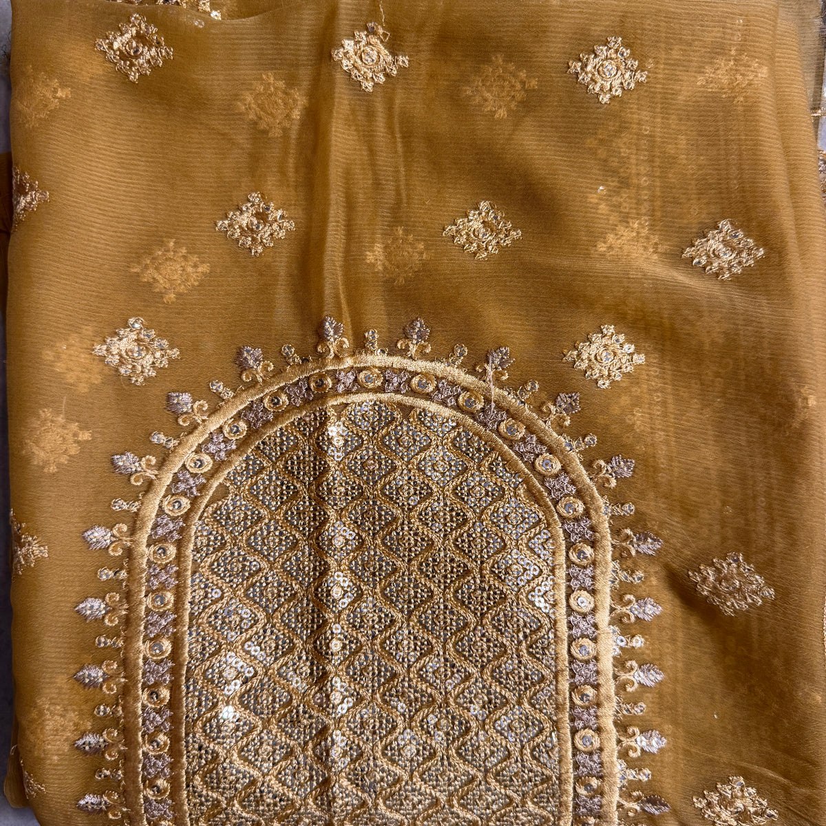 Thread work dresses PWT002 light chocolate – crinkle chiffon with embroidery thread work Pakistani thread work dress for women
