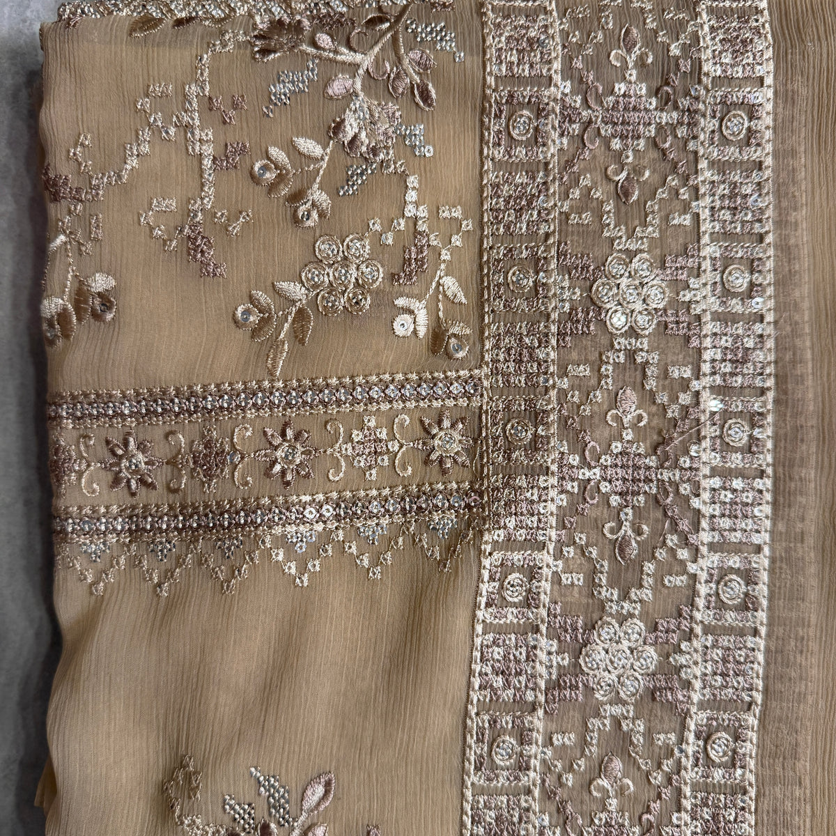 Thread work dresses PWT002 light chocolate – crinkle chiffon with embroidery thread work Pakistani thread work dress for women
