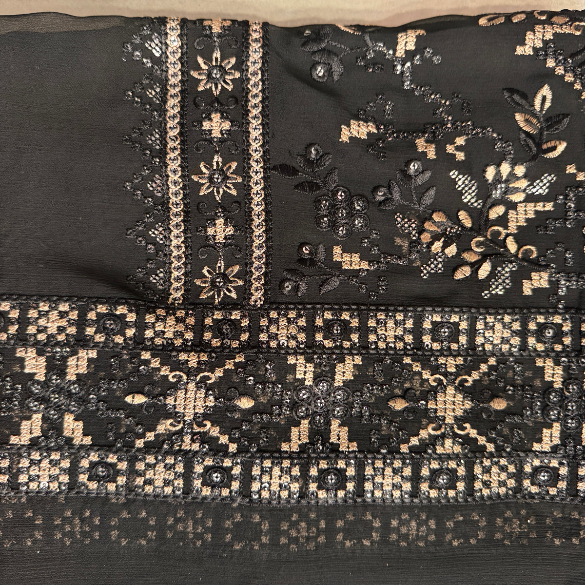 Thread work dresses PWT002 black – crinkle chiffon with embroidery thread work Pakistani thread work suit design
