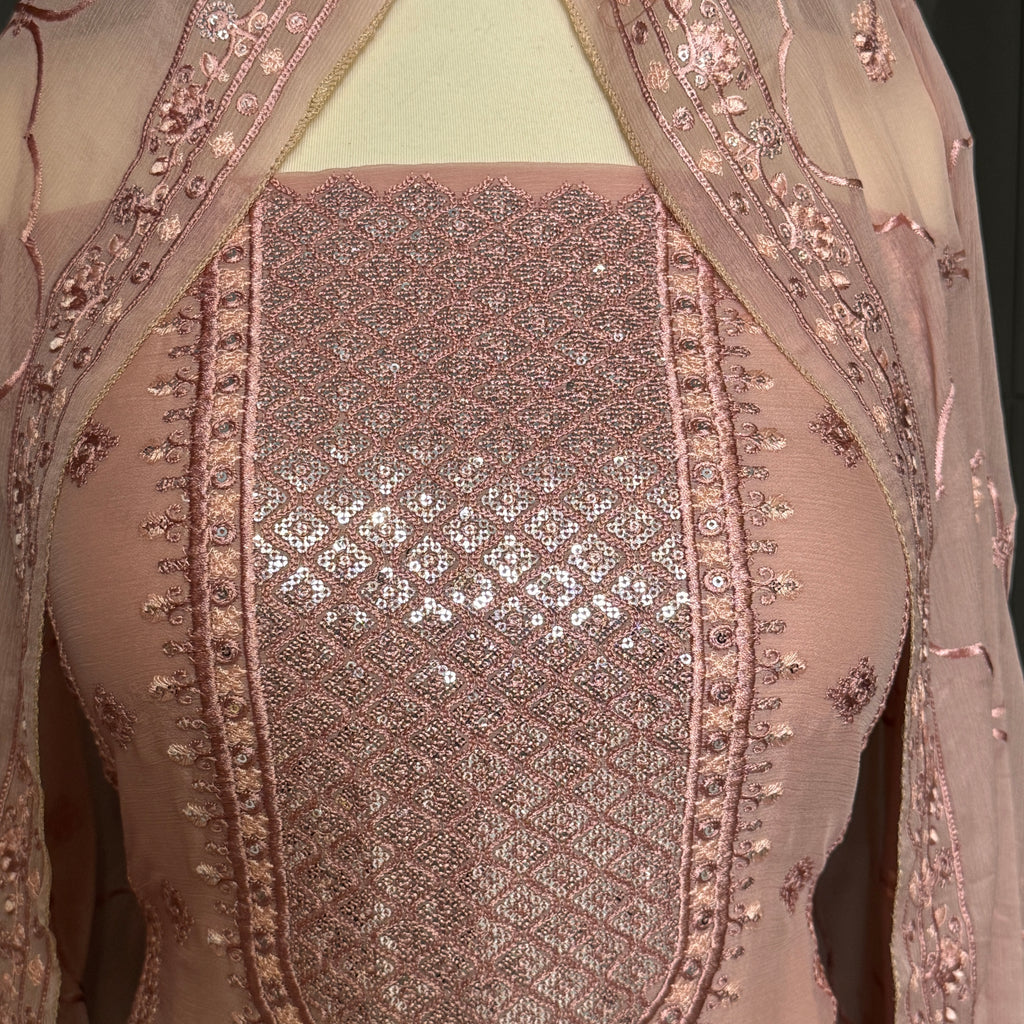 Thread work designs PWT002 shirt close up – embroidery thread work detail on crinkle chiffon fabric
